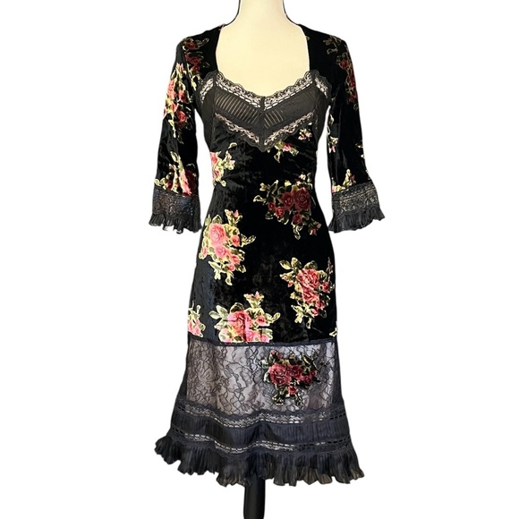RARE Vintage 90s Y2K Sue Wong Sheer Lace & Velvet Floral Goth Witchy Vamp Dress - Picture 2 of 9